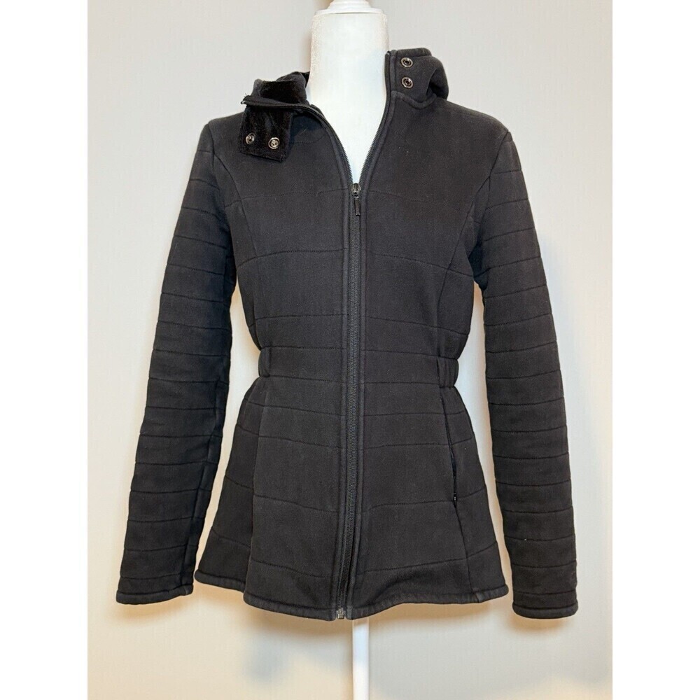 The North Face Quilted Jacket Black Faux Fur Lining Hooded Fitted Size Medium